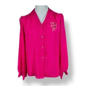 4/$20 Vintage Empire of California Fuchsia Embroidered Button-Front Blouse Top